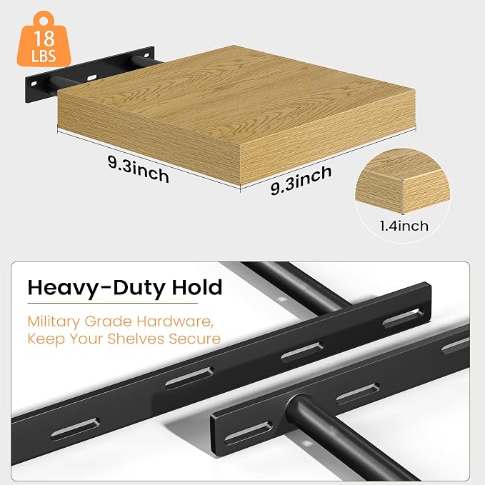 Fun Memories Floating Shelves for Wall, 9.3 Inch Set of 4 Rustic Wood Wall Shelves with Invisible Brackets, Heavy Duty Storage Display for Bathroom Bedroom Living Room Kitchen, Oak