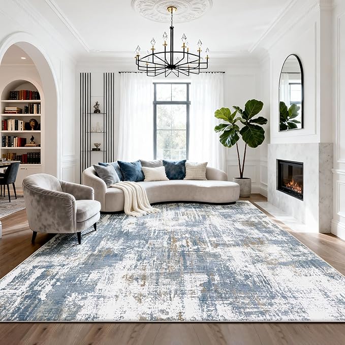 Srugn Washable Rugs 8x10 Area Rugs for Living Room,Modern Abstract Rugs for Bedroom,Large Carpets,Ultra Soft Faux Wool Dining Room Rug,Non Slip Low Pile Print Rug- Blue- (White-Reddish Brown)