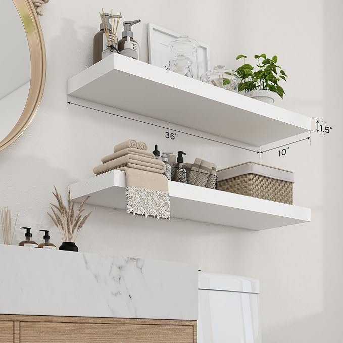 Axeman 36Inch Floating Shelves for Wall, 2 Pack Shelves for Bedroom, Bathroom, Kitchen, Hanging Wall Mounted Rustic Wood Shelf with Invisible Brackets for Books Decor, White