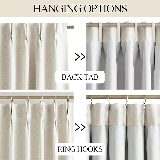 Vision Home Natural Pinch Pleated Full Blackout Curtains Linen Blended Room Darkening Window Curtains 95 inch for Living Room Bedroom Thermal Insulated Pinch Pleat Drapes with Hooks 2 Panel 40"Wx95"L
