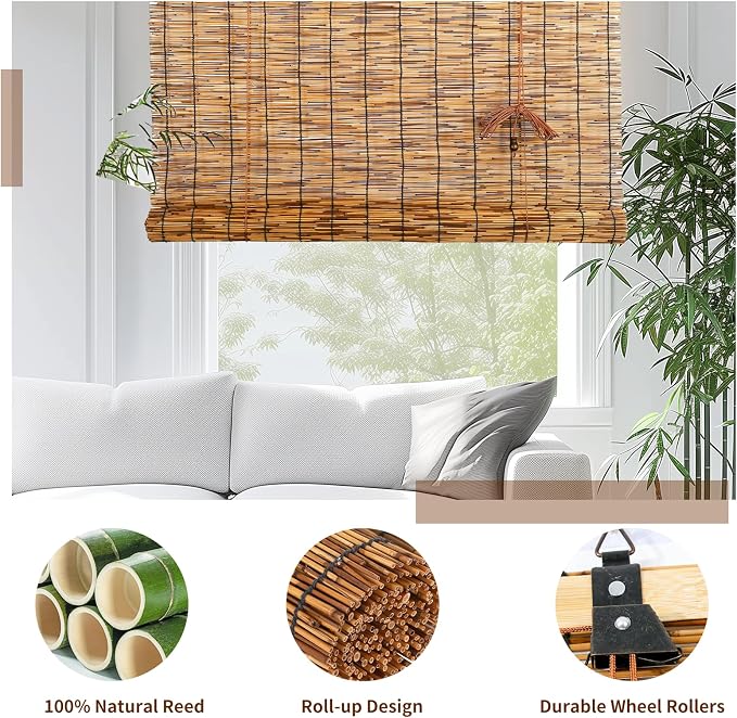 Reed Roller Blinds Shades, Vertical Lifting and Breathable Waterproof Design, Sun Shade and Ventilation, Easy Installation,36" Wx72 H