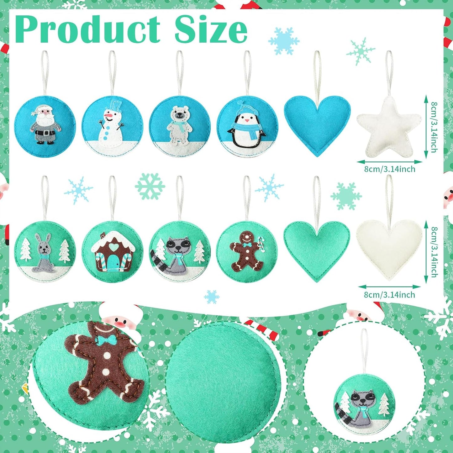 12 Pcs Christmas Felt Ornaments for Tree Santa Claus Snowman Gingerbread 3D White Mint Turquoise Color for Hanging Decoration Felt Craft for Christmas Party Favors Gifts