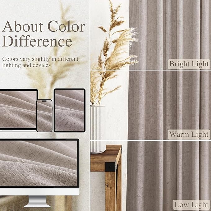 Nanspring Brownish Grey Linen Curtains for Living Room 92 Inches Long Back Tab Light Filtering Semi Sheer Curtain Modern Farmhouse Decor for Bedroom Office Luxury Textured Drapes 52x92, 2 Panels