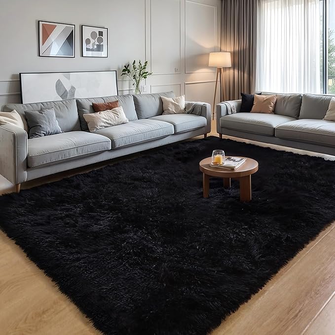 KICHOWUA 6x9 Black Fluffy Shag Rug for Bedroom Living Room, Ultra Soft Plush Fuzzy Washable Floor Non Slip Cozy Large Area Rug for College Dorm, Modern Comfy Shaggy Carpet for Kids Baby Nursery