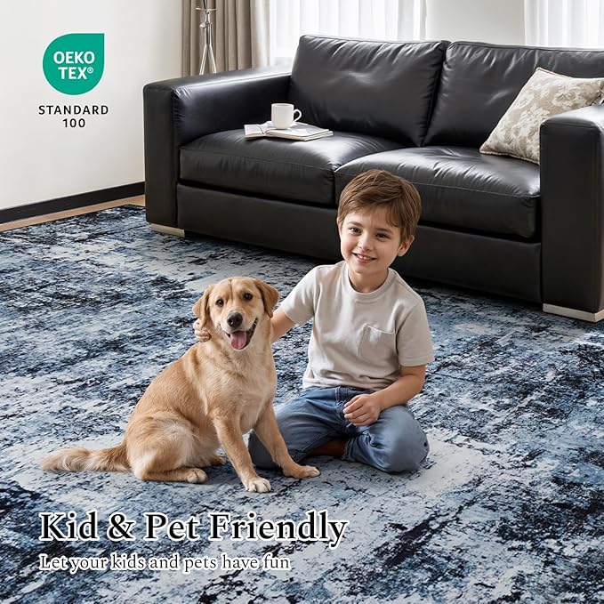 Rugflix Round Area Rugs 4Ft for Living Room, 4x4 Washable Rug Stain-Resistant Low Pile, Modern Dark Carpet for Dining Room Home Office Kid Room Nursery Bedroom, Navy Blue/Black