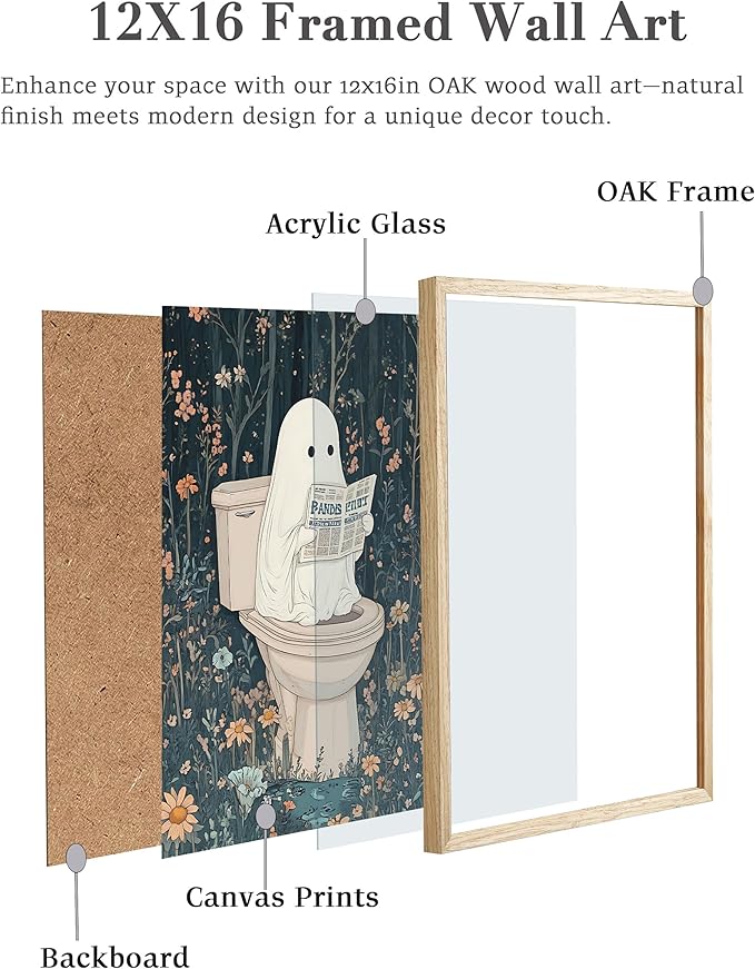 UPWOIGH Beige OAK Framed Ghost Wall Decor- Halloween Wall Art Prints, Halloween Posters Decor, 12" x 16" Cute Ghost Decor, Aesthetic Pictures Wall Decor for Bathroom Bedroom,1 Pack