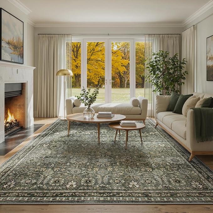 Lahome Large 10x14 Area Rugs for Living Room,Olive Green Washable Moody Rug | Soft Rubber Backed Non-Slip Floor Carpet for Bedroom Dining Room Office