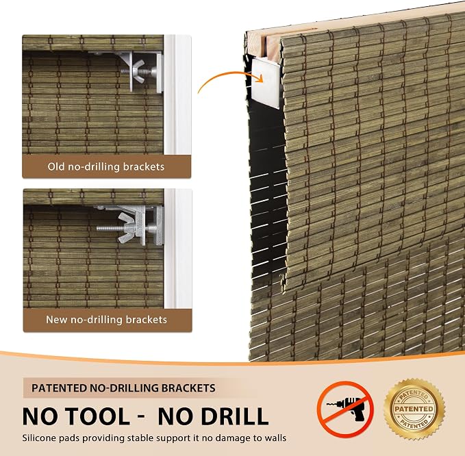 LazBlinds No Tools No Drill Cordless Bamboo Roman Shades, Privacy Window Treatment, Roll Up Bamboo Blinds for Windows 47'' W x 64'' H, Driftwood