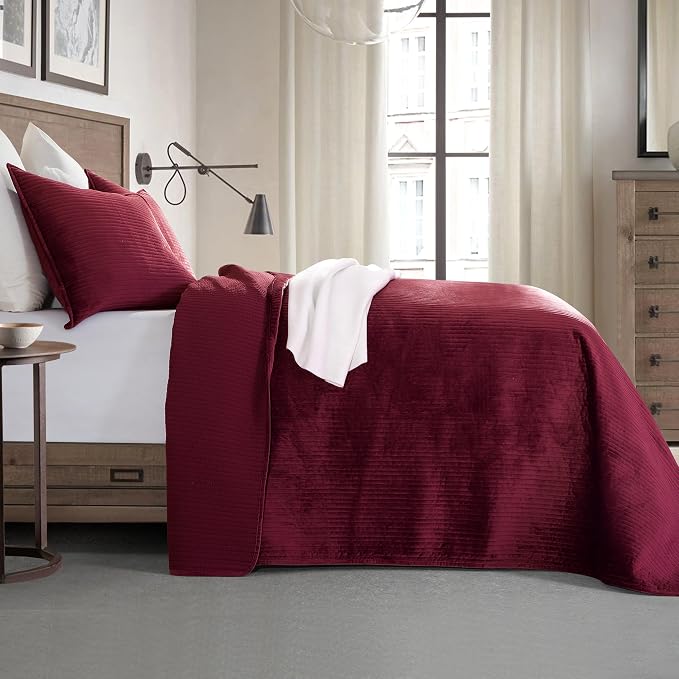 Elegant Comfort Luxury 3-Piece Velvet Corduroy Stripe Quilt Set, Ultra Soft Bedspread - Cozy Velvet Coverlet Set - 3PC Medium Weight Quilted Set with Matching Pillow Shams, Full, Burgundy