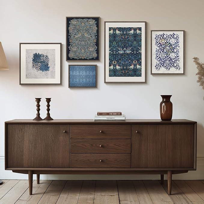 Framed William Morris Wall Art for Living Room, 5 Piece Large Vintage Blue Canvas Prints Set, Floral Botanical and Bird Pattern Aesthetic Decor for Bedroom, Hallway, Home Office, Dining Room, Guest Room