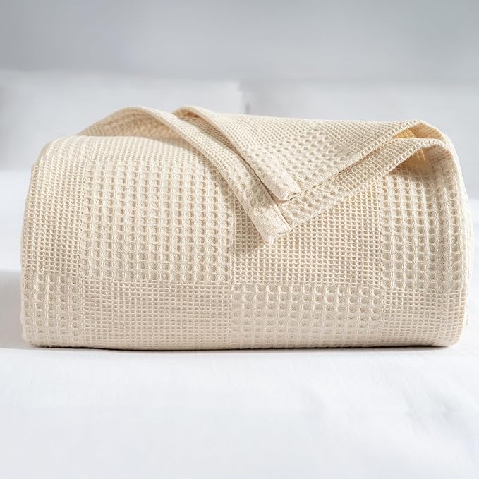 100% Turkish Cotton Blanket Queen Size Waffle Weave Blankets, Made in Turkiye, Light Airy Throw Bedspread (Natural Raw, Queen Size Blanket 90 x 90 inch)