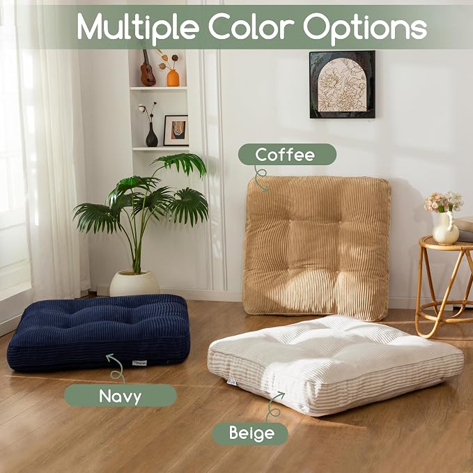 HIGOGOGO 35" Floor Pillow Cushion for Adults, Meditation Cushion Pillow, Extra Large Square Floor Sitting, Tufted Corduroy Cover for Tatami Living Room or Yoga, Navy