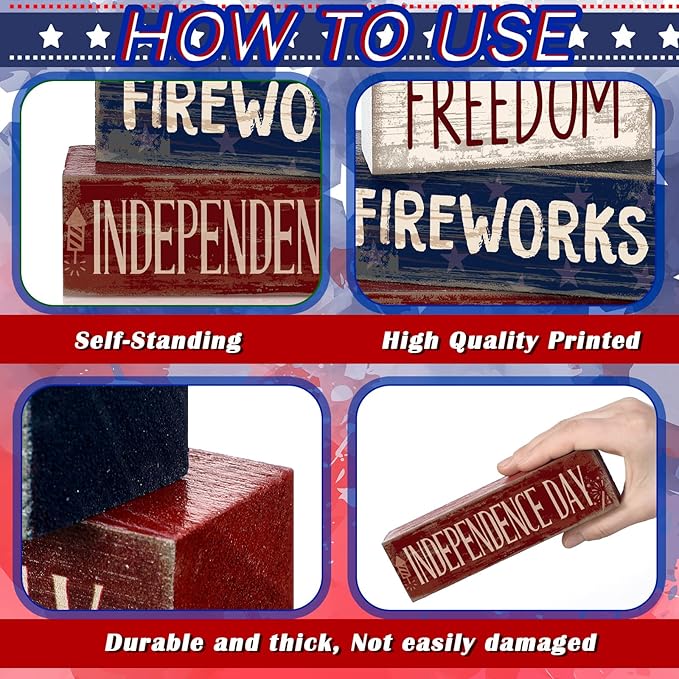 CroBlissful 4 Pcs 4th of July Decorations Patriotic Memorial Day Tabletop Decorations Red White Blue Table Centerpieces Sign for Office Tiered Tray Home Shelf 250th Anniversary(Patriotic)