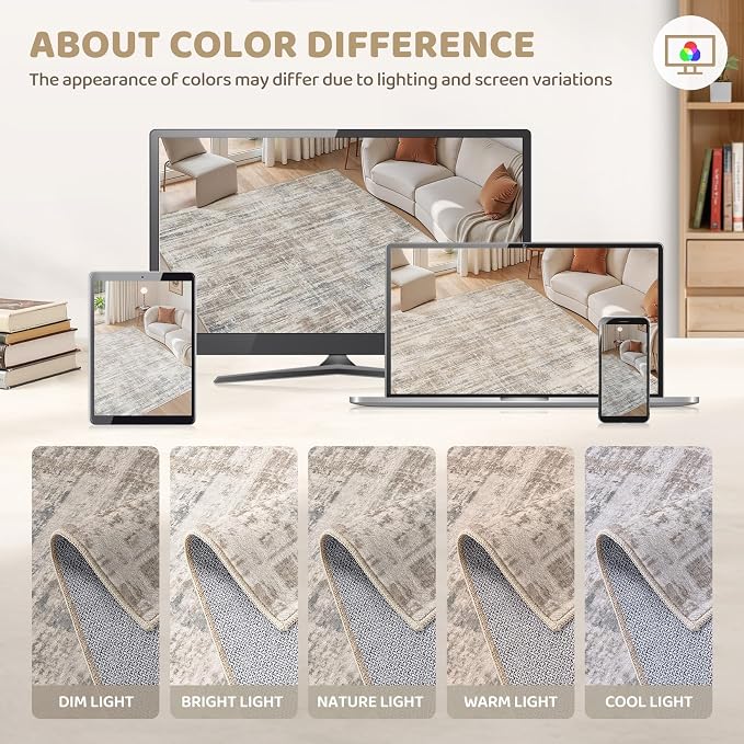 UERMEI 8x10 Washable Area Rug for Living Room: Modern Neutral Abstract Large Soft Low Pile Carpet Non-Slip Pet Kids Friendly Indoor Decor for Bedroom Dining Room Home Office Nursery Brown
