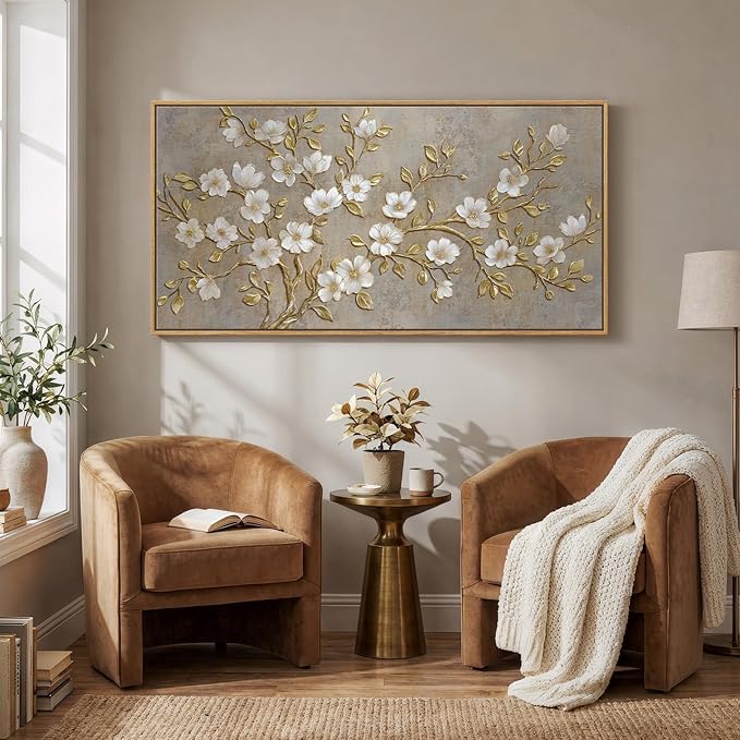 Large Framed Neutral Floral Wall Art for Living Room, Rustic Elegant Magnolia Botanical Canvas Prints Paintings, White Flower with Gold Branches Pictures for Dining Room Office Wall Decor, 60x30 Inch