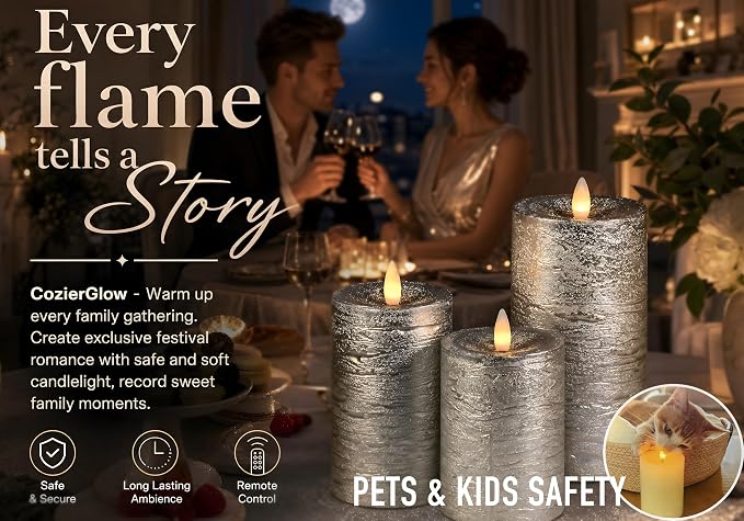 Shiny Metallic Silver Flameless Pillar Candles, Patented 3D Realistic Moving Flickering Flame with Remote Timer, Battery Operated 400hrs for Wedding, Holiday, Party, Decor, Gift(Set of 3)