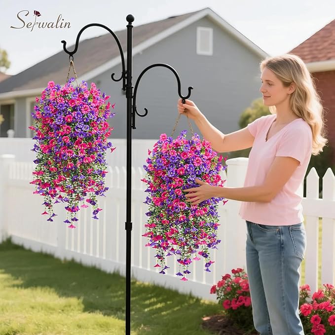 Serwalin Artificial Hanging Flowers for Outdoors Decoration, 8PCS UV Realistic Resistant Fake Silk Artificial Plants Outdoor for Porch Patio Balcony Indoor Planter Yard Decor (Purple&Rose Pink,8PCS)