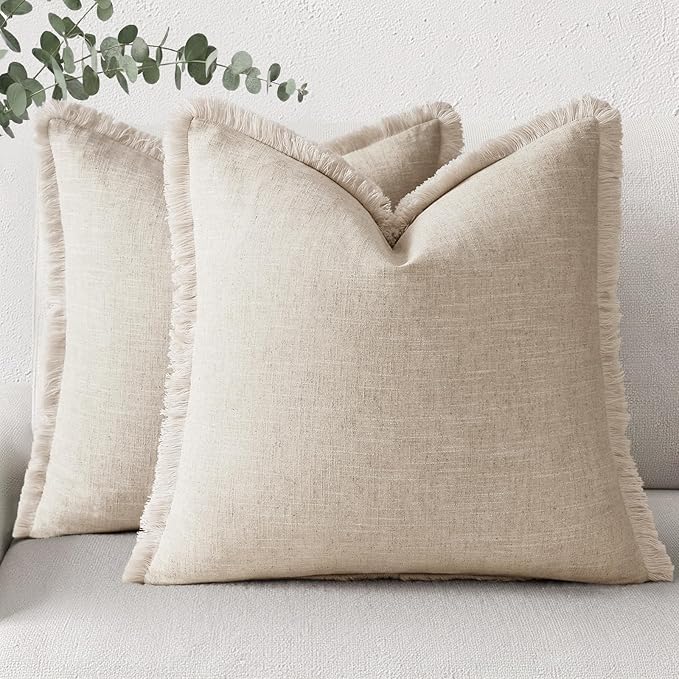 decorUhome Summer Decorative Neutral Linen Fringe Euro Sham Throw Pillow Covers Set of 2 Natural Beige Pillow Covers with Tassels Soft Farmhouse Boho Accent Pillow Cases for Couch Bed Sofa 24x24 Inch