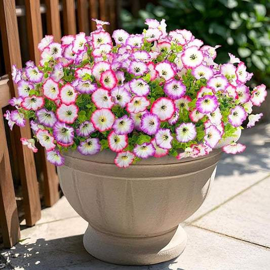 Hrobek Artificial Flowers for Outdoor Spring Summer Decoration, 10 Bundles Fake Plastic Flower Plant, Faux Colorful Silk Morning Glory Eucalyptus for Outside Garden Porch Front Door Decor, Pink White
