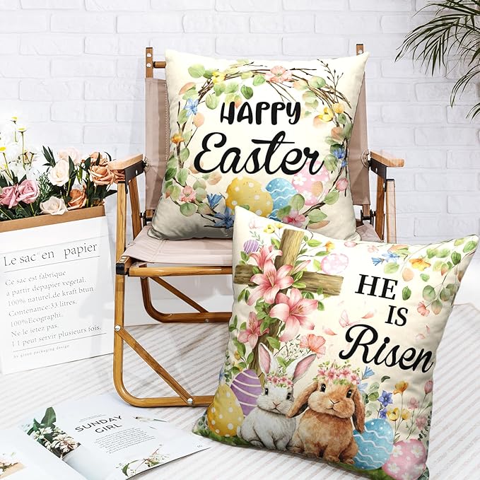 Happy Easter Bunny Pillow Covers Floral Cross He is Risen Throw Pillow Covers 18x18 Colorful Eggs Rabbit Pillow Cases Spring Wreath Cushion Cases for Home Farmhouse 2 Pack