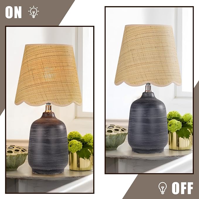 Pia Ricco 19" Modern Ceramic Table Lamp for Living Room Cream Base Desk Lamps for Bedroom Farmhouse Bedside Nightstand Lamp End Table Lamps,White Striped Black Base,Rattan Shade
