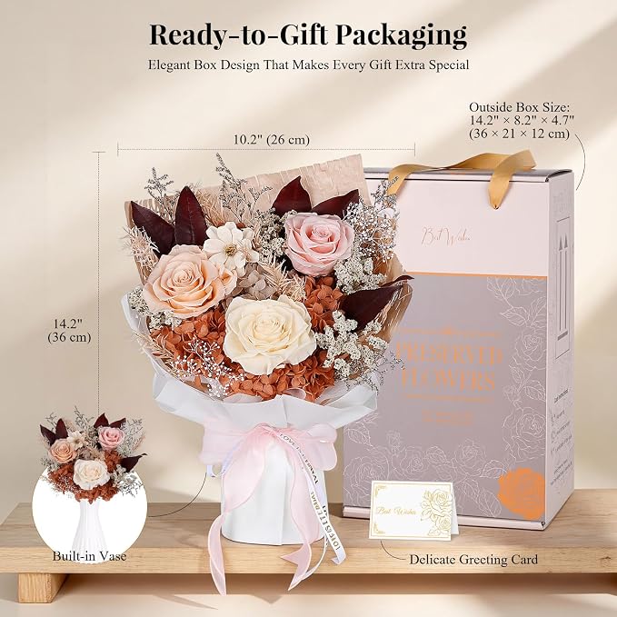 Forever Flowers for Delivery - Preserved Pink Rose Bouquet in Gift Box, Eternal Flowers for Mother's Day, Anniversary, Birthday Gift for Her