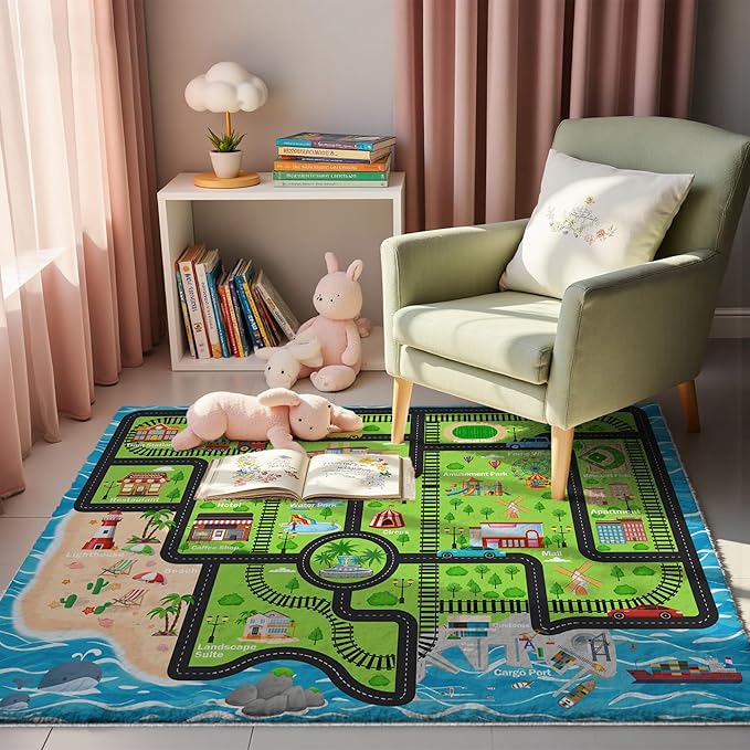 5x7ft Kids Island Train Car Play Rug - Non-Slip Faux Wool Carpet with Interactive Island Map Design, Educational Toy Vehicle Mat for Kids, Bedroom Playroom Nursery Gift.