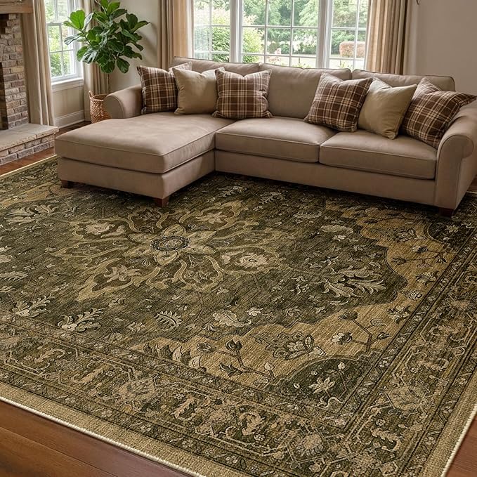 RELEANY Area Rugs 8'x10' Washable Non-Slip, Floral Vintage Distress Print Pattern Medallion Carpet for Living Room Bedroom Dining Room, Brown Dark Brown