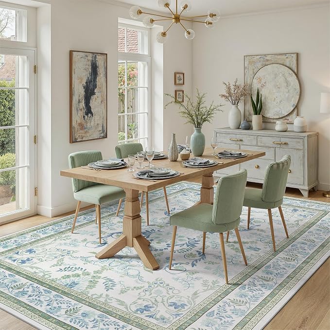 DCX Green 6x9 Rug, Kid & Pet Friendly with Rubber Back Non Slip, Machine Washable Stain Resistant Botanical Floral Rug for Living Room, Bedroom, Soft Low Pile Large Nursery Carpet