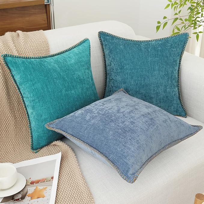 decorUhome Summer Chenille Soft Cozy Throw Pillow Covers 18x18 Set of 2, Modern Farmhouse Boho Velvet Decorative Pillow Cases with Stitched Edge for Couch Sofa Bed Home Decor, Teal