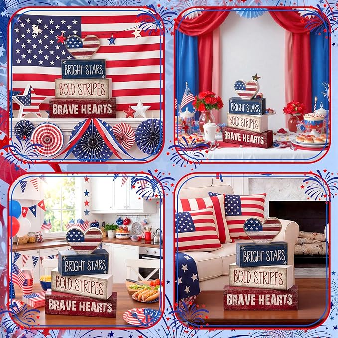 CroBlissful 4 Pcs 4th of July Decorations Patriotic Memorial Day Tabletop Decorations Red White Blue Table Centerpieces Sign for Office Tiered Tray Home Shelf 250th Anniversary(Brave Heart)