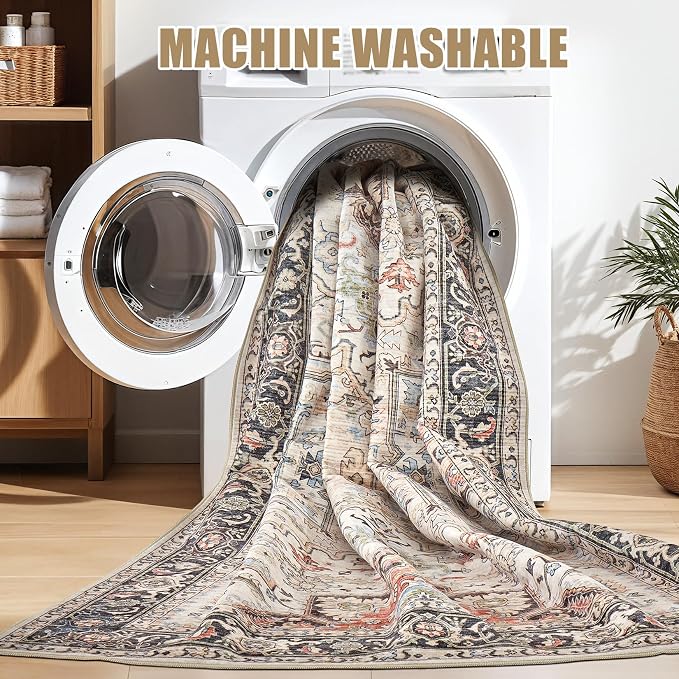 Area Rug for Living Room - 6x9 Soft Machine Washable Oriental Vintage Floral Distressed Large Indoor Floor Carpet for Bedroom Under Dining Table Home Office Decor - Multi