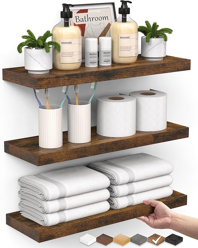 BAYKA Floating Shelves Bathroom for Wall – Shelf Over Toilet Farmhouse Rustic Wood for Bedroom, Kitchen, or Living Room Decor Organization, Bathroom Decor Shelves – Rustic Brown, Set of 3