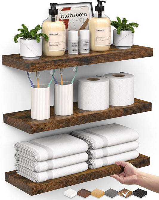 BAYKA Floating Shelves Bathroom for Wall – Shelf Over Toilet Farmhouse Rustic Wood for Bedroom, Kitchen, or Living Room Decor Organization, Bathroom Decor Shelves – Rustic Brown, Set of 3