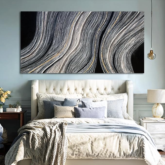 ZUNARE Contemporary Abstract Canvas Wall Art Black and white and gold Linear Painting, Minimal Modern Artwork for Living Room Bedroom Office Kitchen Wall Decoration 29"x58"