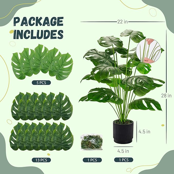 Der Rose 28" Black Pot Fake Monstera Plants, Large Artificial Potted Plants for Indoor & Outdoor Floor Front Porch Modern Decor