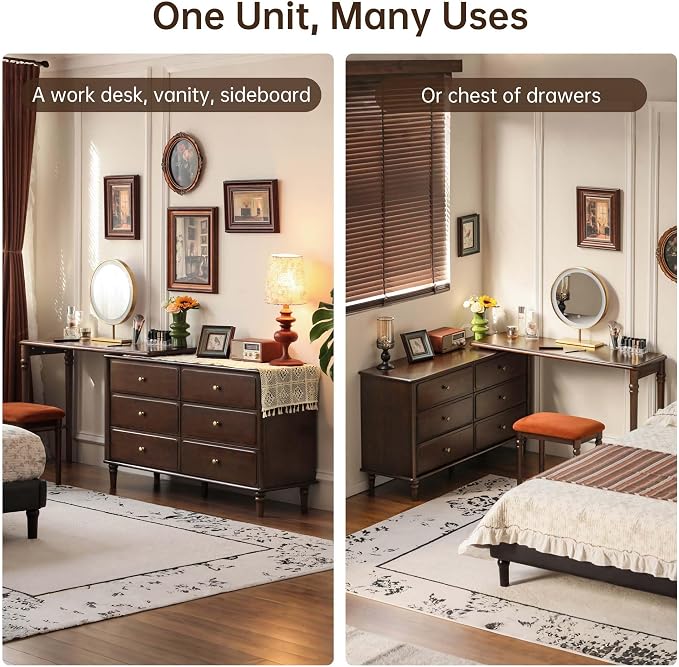 97" Large Vanity Desk with 6 Drawers, Poplar Wood Makeup Table for Bedroom, Space-Saving Narrow Design for Living Room, No Chair No Mirror
