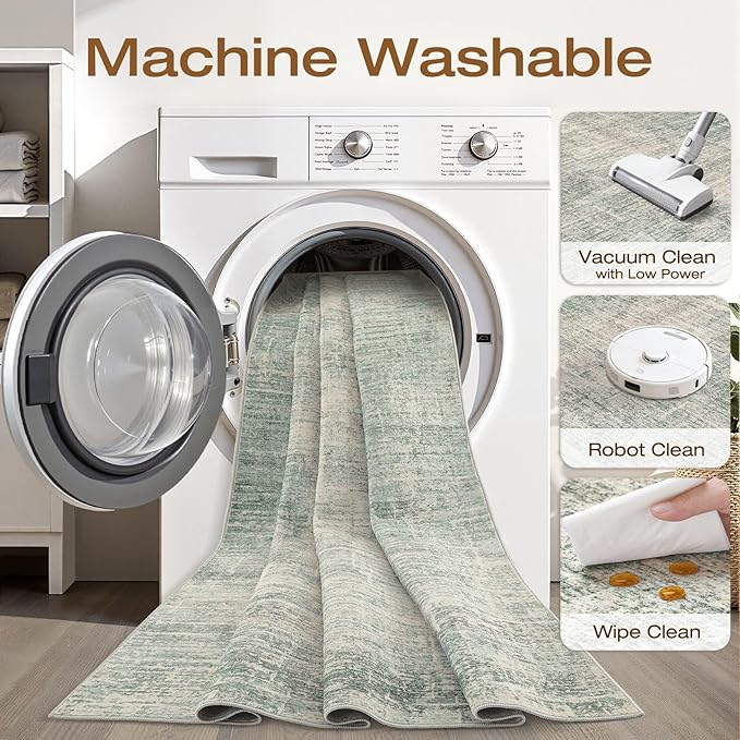 Runner Rug Non-Slip Kitchen Rug: 3x10 Washable Abstract Modern Soft Stain Resistant Indoor Floor Neutral Accent Throw Carpet for Hallway Bathroom Laundry Room Bedroom Entryway- Green