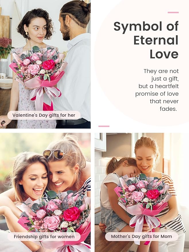 Polylove Flowers for Delivery Prime Forever Flowers Bouquet Preserved Roses Bouquet Flower Gift for Women Wife Mother Day Graduation Birthday (Hot Pink, Medium)