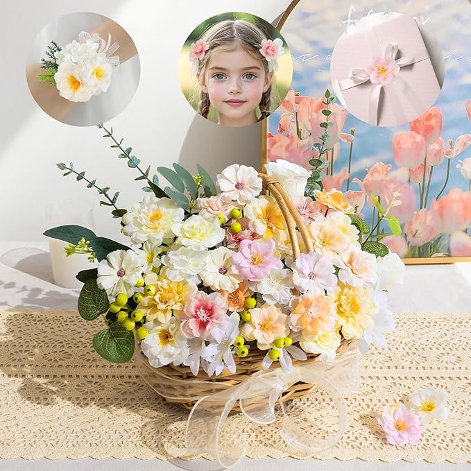 ATTGREAT 210 Pcs Mini Silk Flower Heads Small Fake Rose Daisy Faux Flowers Bulk for Crafts Artificial Loose Fabric Flowers Heads Sunflower Bulk for Wedding Hair Cap Dresses Decorations, Cream