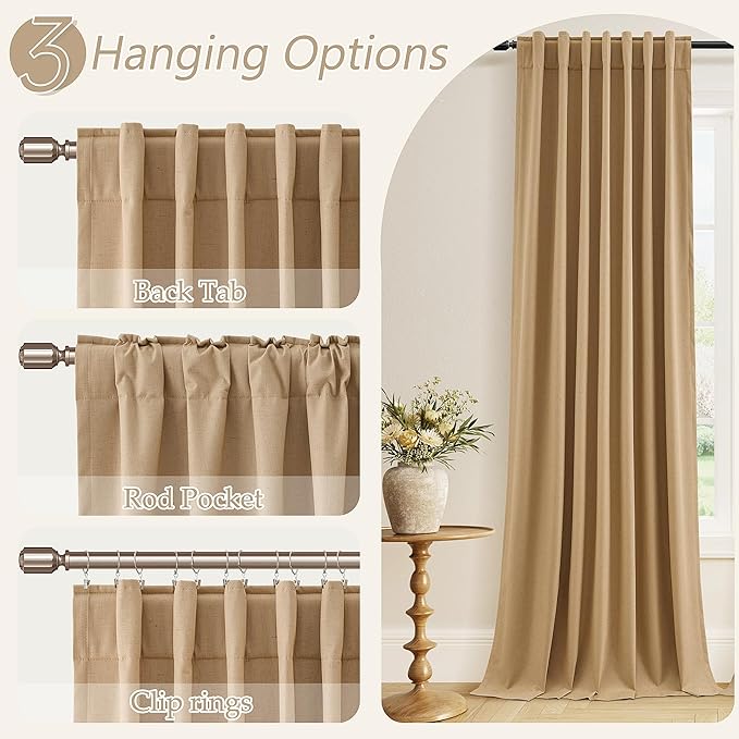 Guken 100% Blackout Linen Curtains 120 Inch Length 2 Panels Set for Living Room Bedroom Back Tab Thermal Insulated Black Out Linen Drapes Room Darkening Window Curtains,Camel Brown