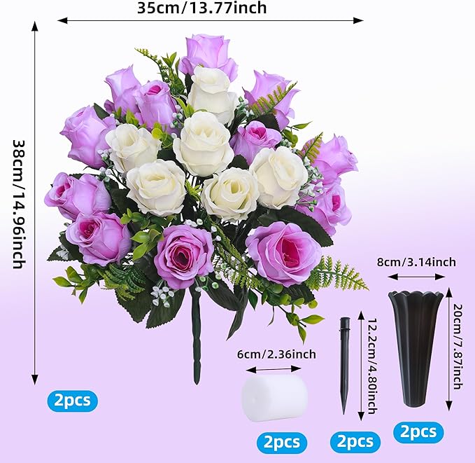 Lodou Set of 2 Artificial Cemetery Flowers, Memorial Flowers Bouquet,Grave Memorial Flowers with Vase for Cemetery Headstones Decoration (Purple White)