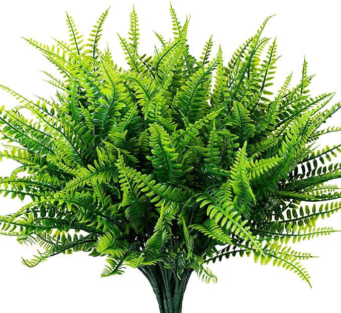 Nigirior 12 Bundles Artificial Fake Plants for Outdoor Faux Boston Fern for Home Decor UV Resistant Fake Plants Greenery for Front Porch Planter Indoor or Outdoor (Green)