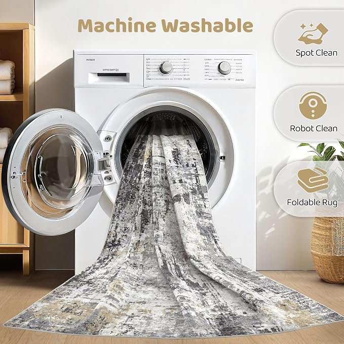 8x10 Area Rugs Living Room: Washable Large Abstract Soft Stain Resistant Indoor Floor Rugs Non-Slip Accent Carpet for Bedroom Nursery Playroom Office Dining Room Home House- Gray Beige