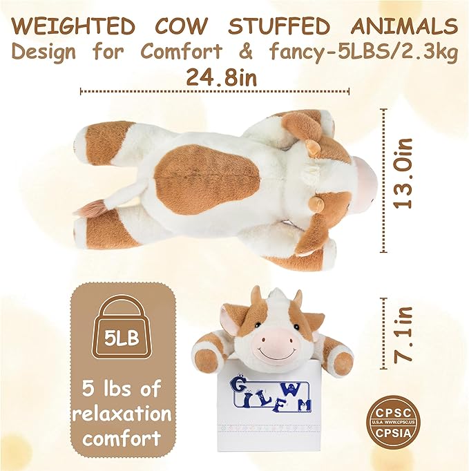 GILFWM Weighted Stuffed Animals Cow - 25" Big Stuffed Animal Toy Pillow for Kids & Adults, 5 lbs Soft Washable Weighted Plush