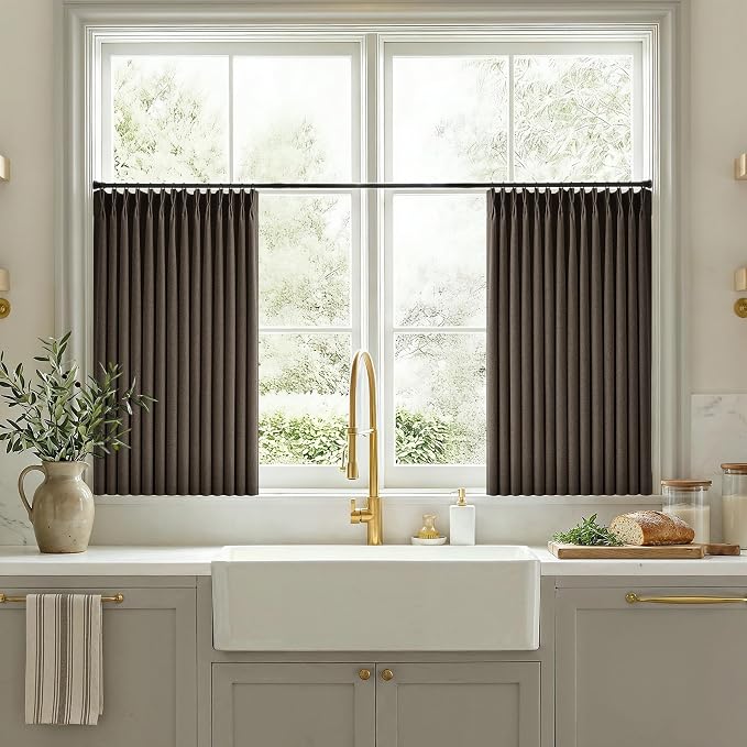 36 Inch Pleated Linen Curtains 36 Inch Length 2 Panel Set Memory Trained Pinch Pleated Privacy Semi Sheer Light Filtering Short Kitchen Window Curtain Thick Dark Brown Mini Cafe Small Drapes
