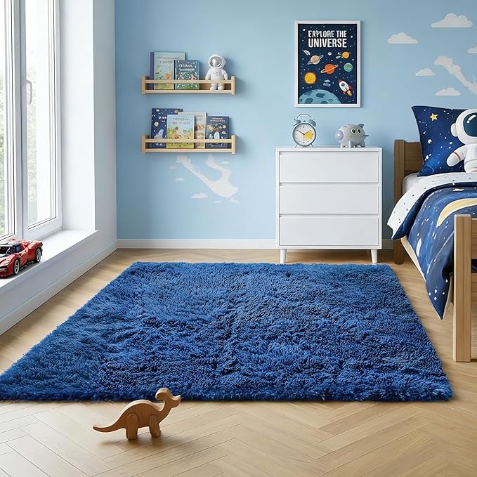 Ophanie Blue Rug, Boys 4x6 Rugs for Bedroom Royal Dark Blue Carpet Nursery Aesthetic, Kids Playroom Navy Area Rugs for Girls Teen Home Decor, Fluffy Shag Bedside Floor Living Room Carpet
