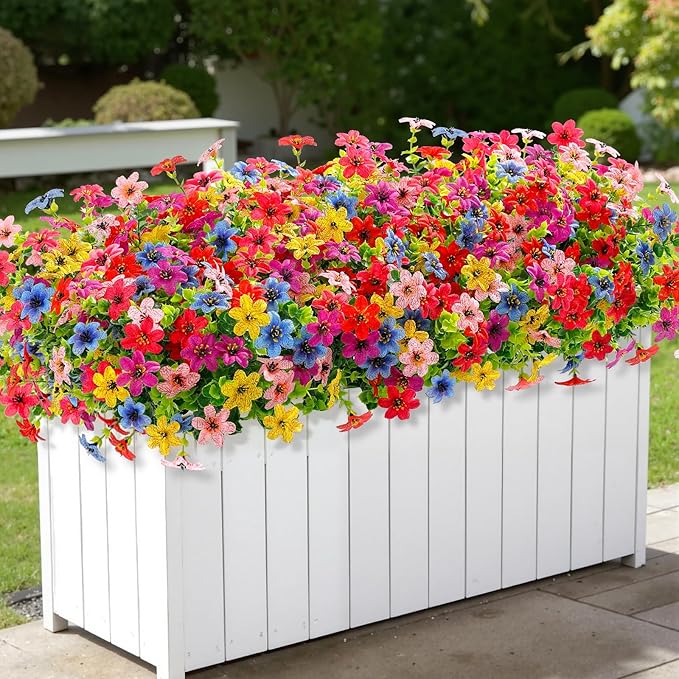 SHareconn 24 Bundles Artificial Flowers for Outdoors Spring Decoration, Fake Silk Realistic Faux Plants UV Resistant for Outside Planter Porch Patio Summer Indoor Decor, RedRosePurpleYellowPinkBlue