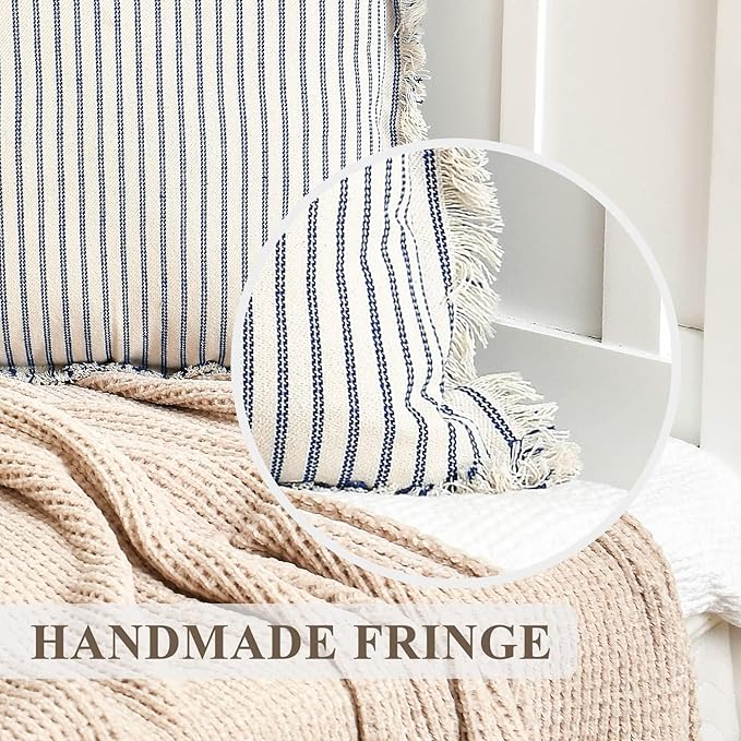 ZWJD Throw Pillow Covers 22x22 Set of 2 Striped Pillow Covers with Fringe Chic Cotton Decorative Pillows Square Cushion Covers for Sofa Couch Bed Living Room Farmhouse Decor (Blue)
