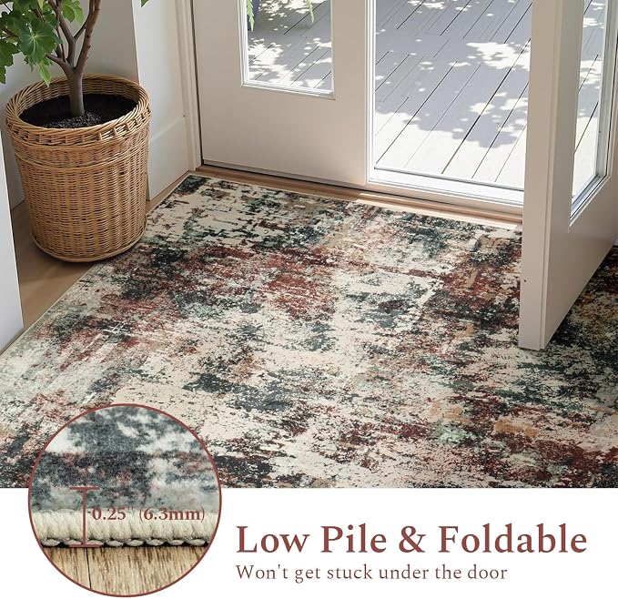 Rugflix 5x7 Area Rugs for Living Room, Washable Large Rug Stain-Resistant Low Pile, Modern Carpet for Dining Room Home Office Kid Room Nursery Bedroom, Rust Brown Green